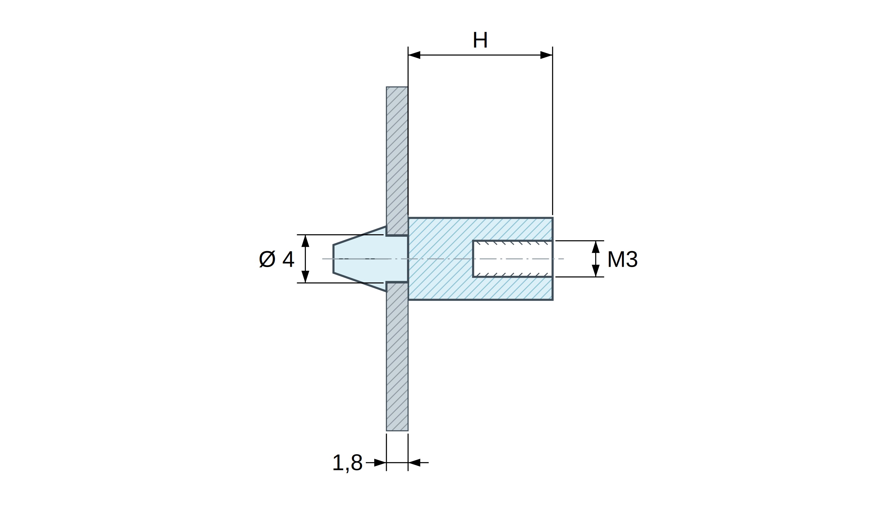 Supporto per circuito stampato a scatto, con filettatura interna M3, nylon PA6.6 nero UL94-HB, foro Ø4 mm, circuito 1,8 mm