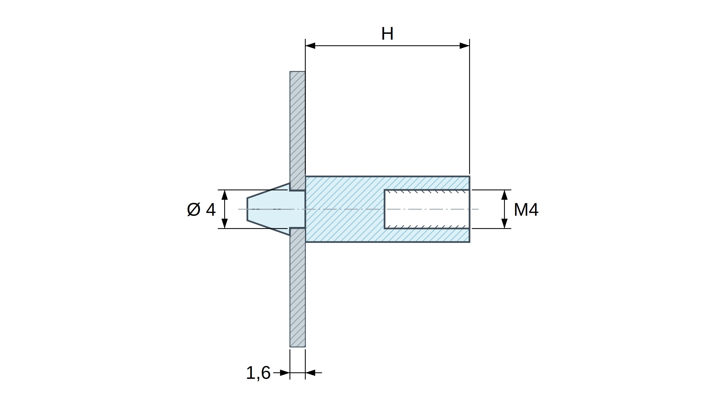 Disegno quotato: Supporto PCB a scatto, filettatura interna M4, poliammide PA6.6 nera UL94-HB, foro PCB Ø4 mm, PCB 1,6 mm Disegno quotato: Supporto PCB a scatto, filettatura interna M4, poliammide PA6.6 nera UL94-HB, foro PCB Ø4 mm, PCB 1,6 mm