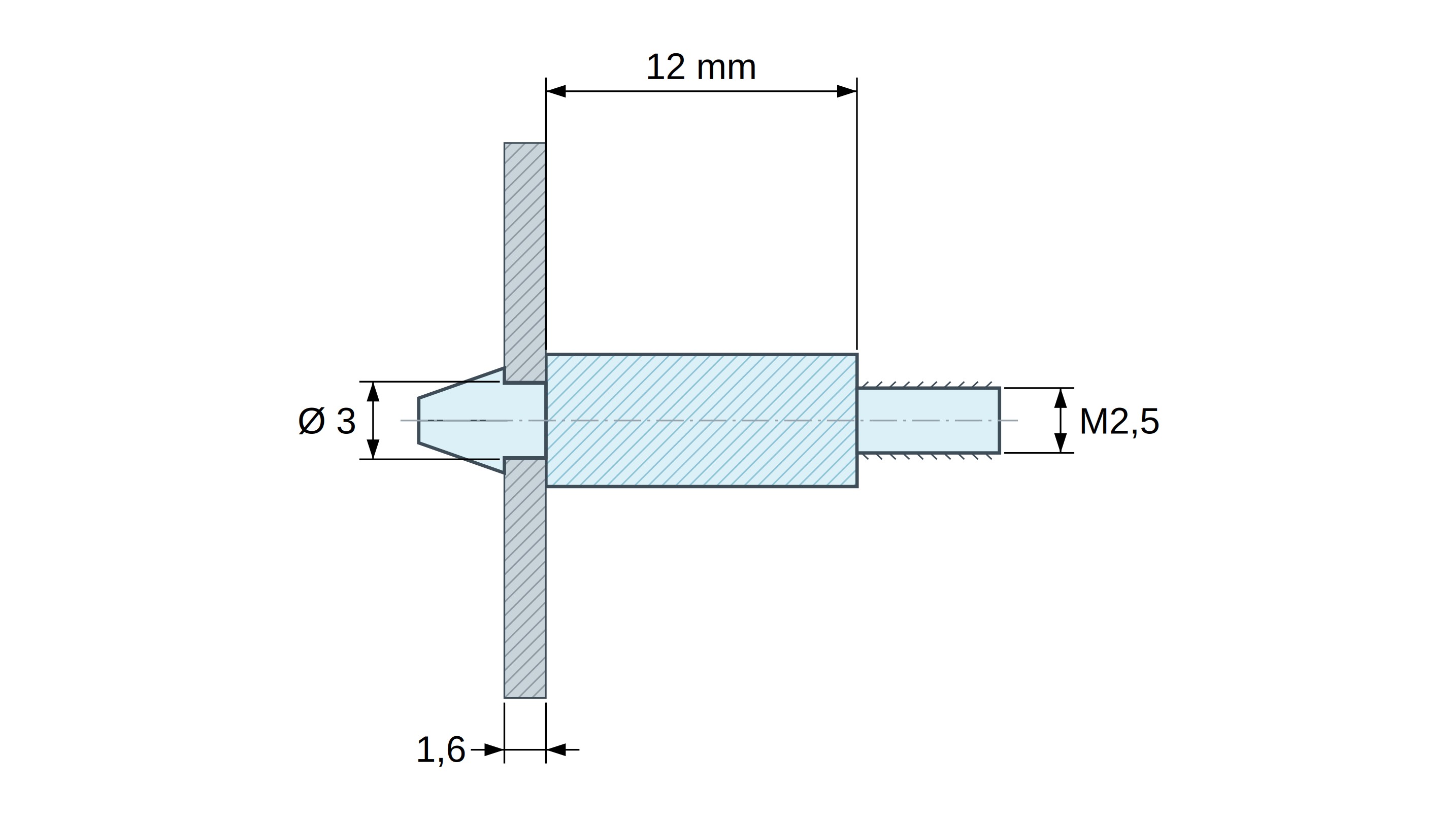 Supporto per circuito stampato a scatto, filettato M2,5, nylon PA6.6 nero UL94-HB, foro Ø3 mm, circuito 1,6 mm Supporto per circuito stampato a scatto, filettato M2,5, nylon PA6.6 nero UL94-HB, foro Ø3 mm, circuito 1,6 mm