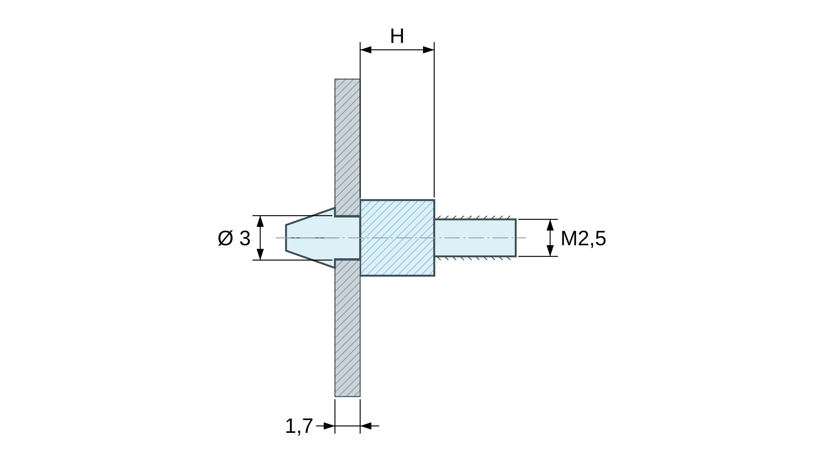 Supporto per circuito stampato a scatto, filettato M2,5, nylon PA6.6 nero UL94-HB, foro Ø3 mm, circuito 1,7 mm