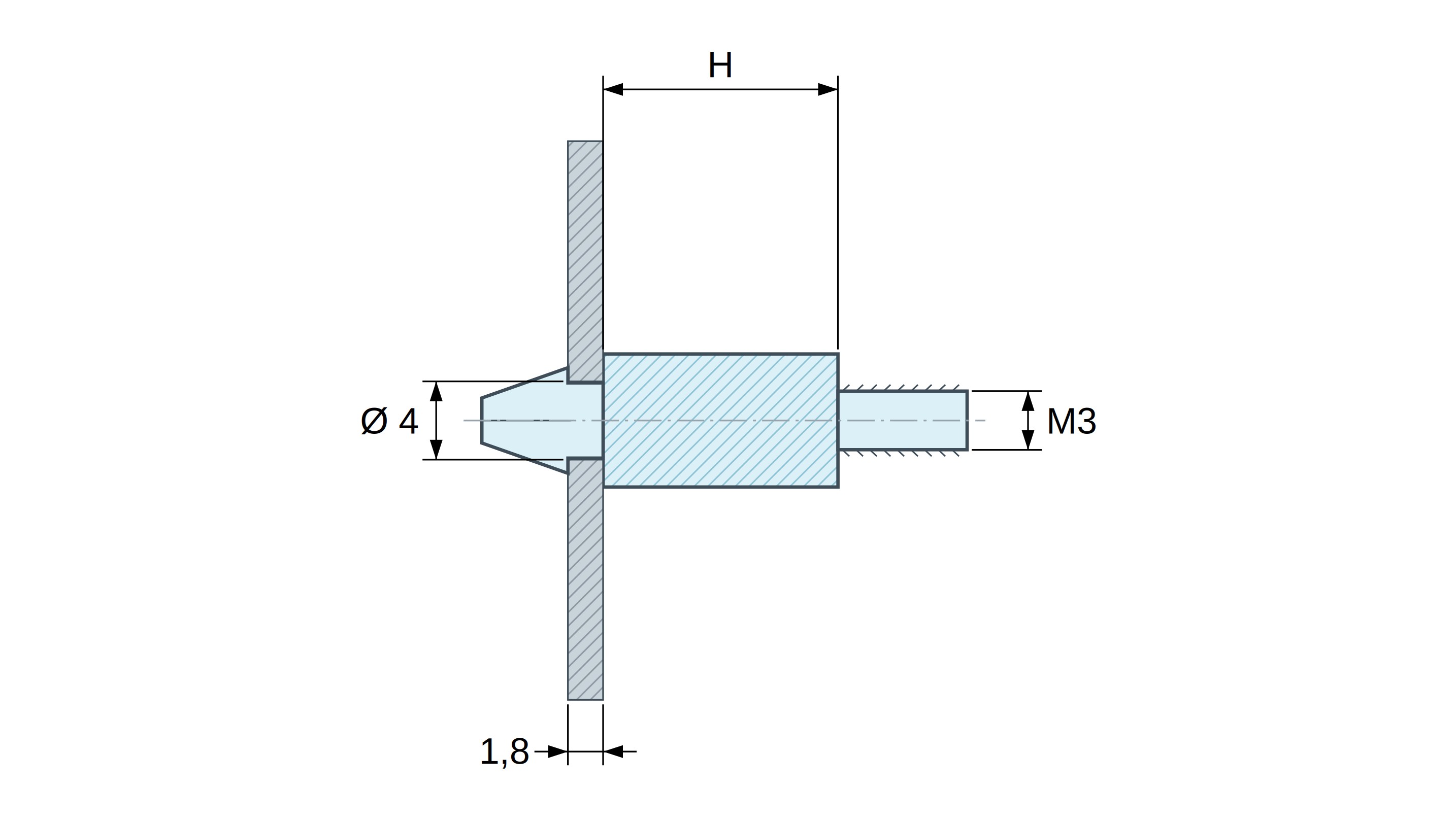 Supporto per circuito stampato a scatto, filettato M3, nylon PA6.6 nero UL94-HB, foro Ø4 mm, circuito 1,8 mm Supporto per circuito stampato a scatto, filettato M3, nylon PA6.6 nero UL94-HB, foro Ø4 mm, circuito 1,8 mm