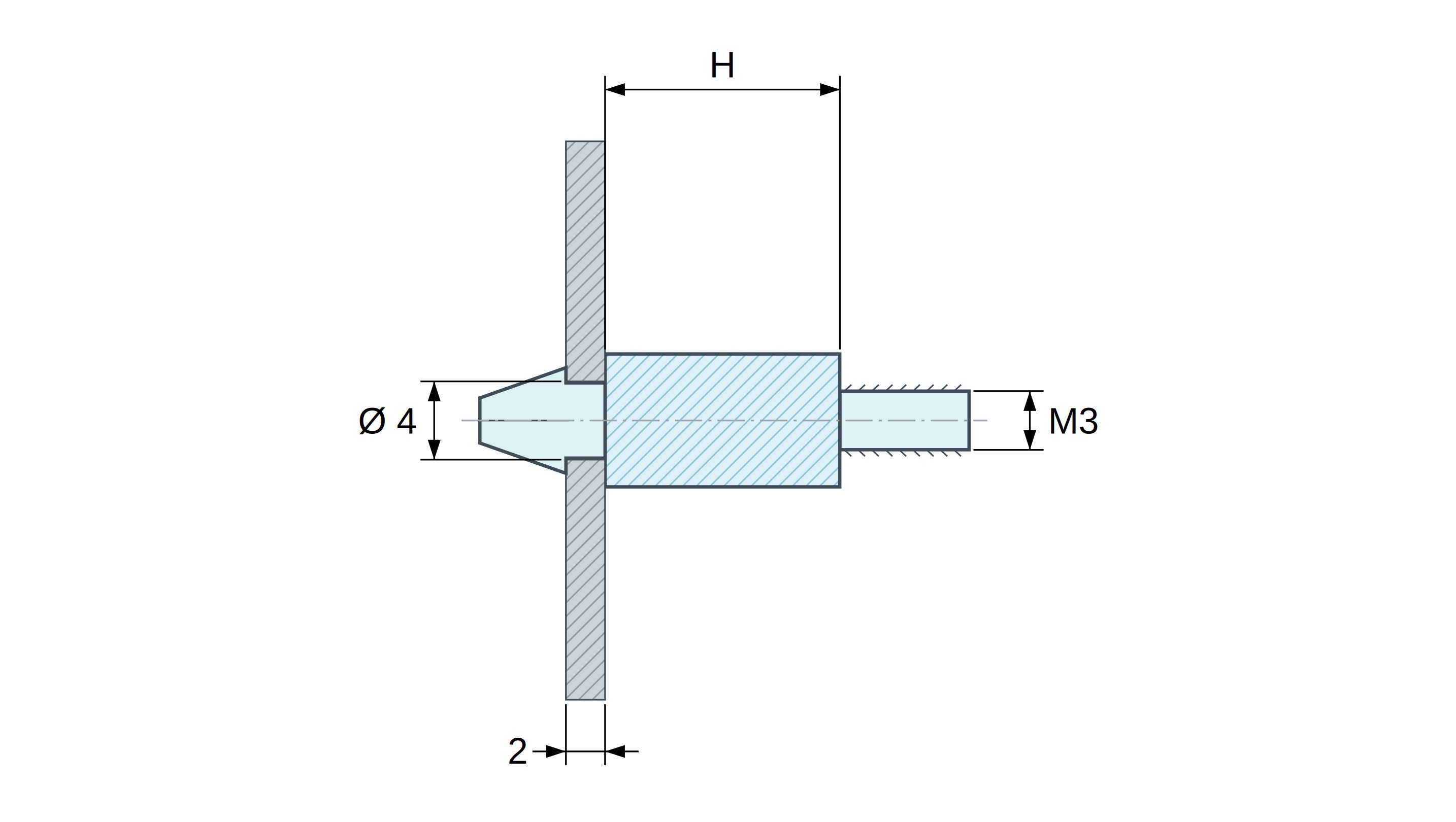 Supporto per circuito stampato a scatto, filettato M3, nylon PA6.6 nero UL94-HB, foro Ø4 mm, circuito 2 mm