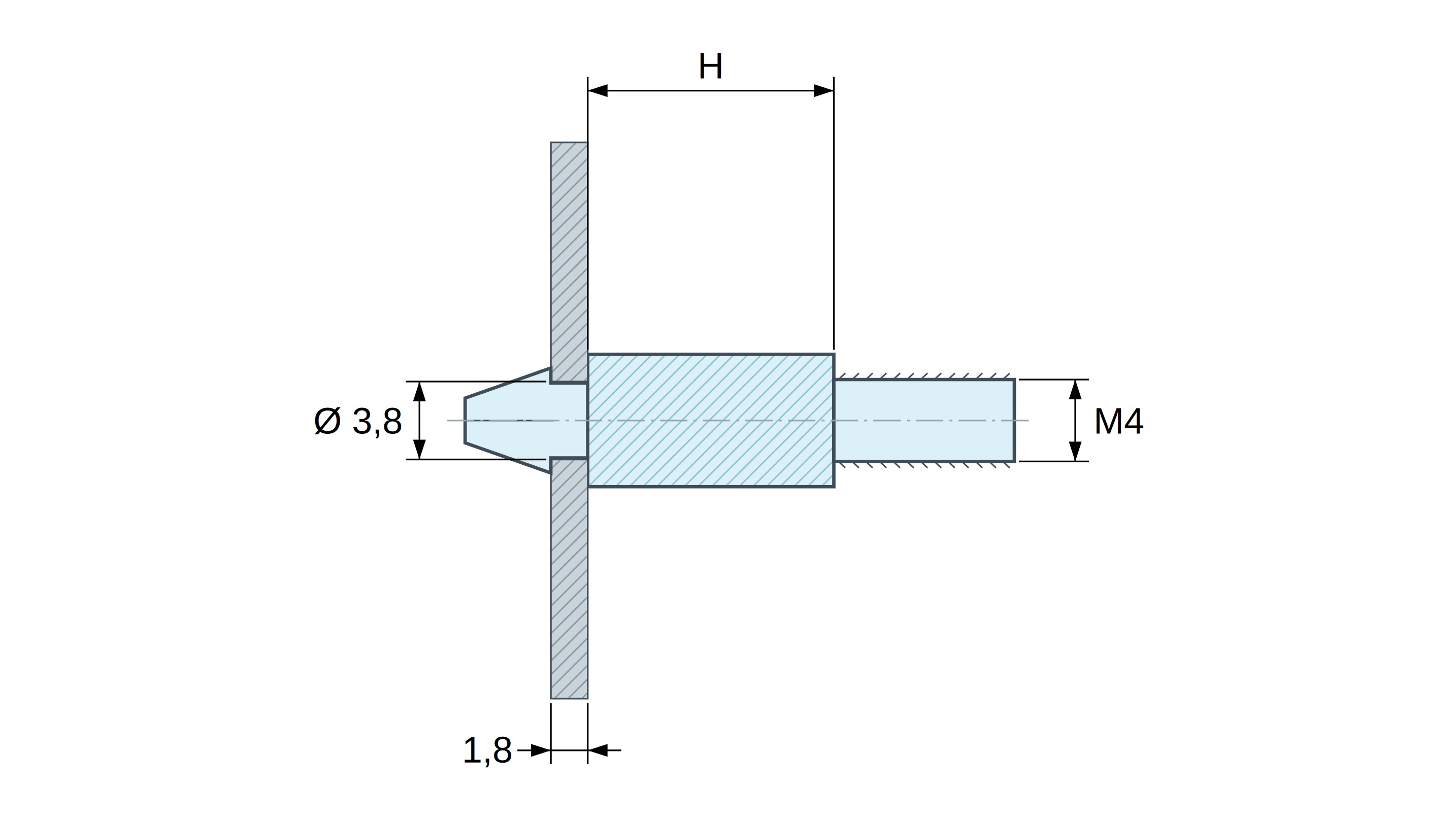 Supporto per circuito stampato a scatto, filettato M4, nylon PA6.6 nero UL94-HB, foro Ø3,8 mm, circuito 1,8 mm Supporto per circuito stampato a scatto, filettato M4, nylon PA6.6 nero UL94-HB, foro Ø3,8 mm, circuito 1,8 mm