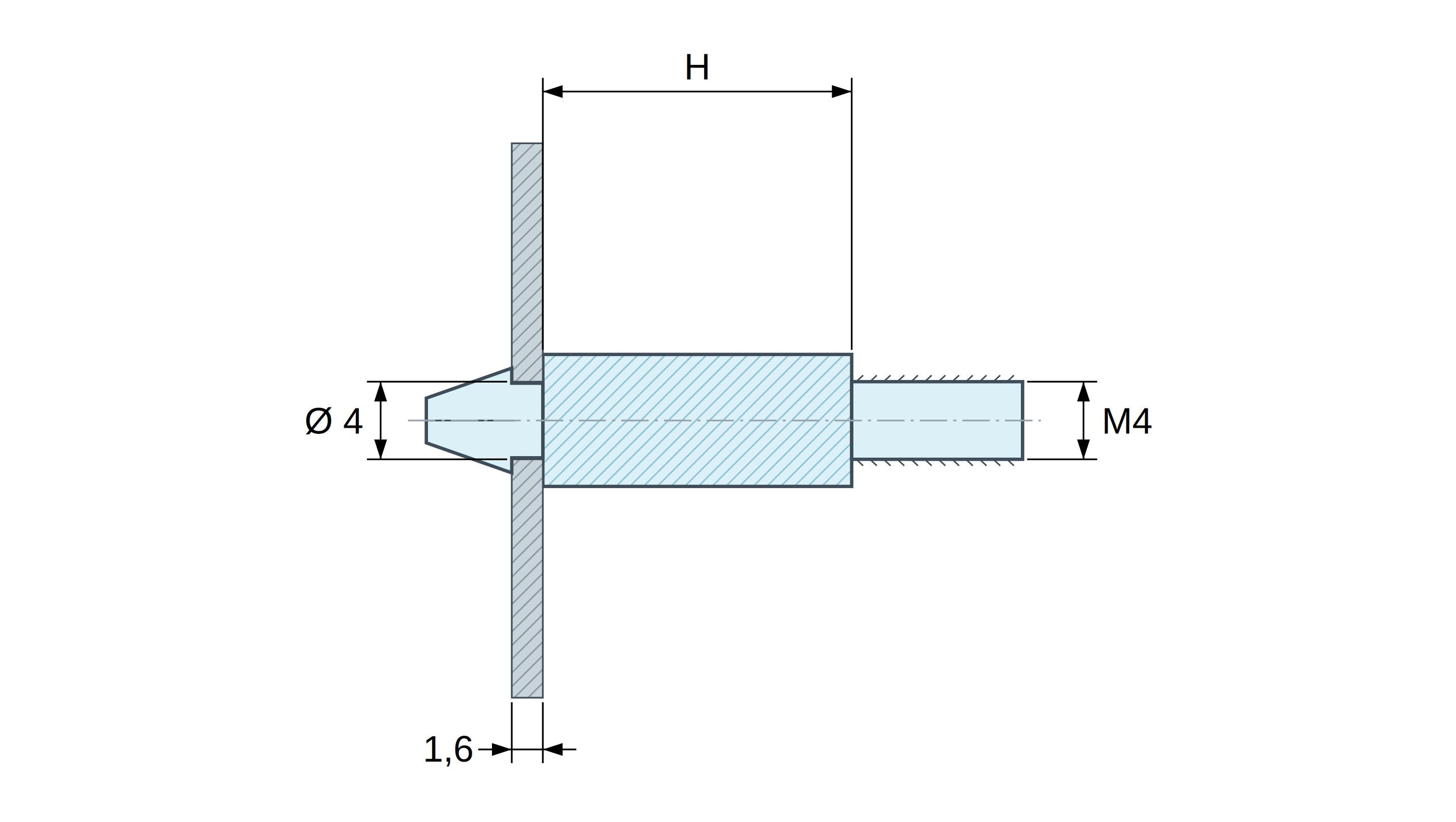 Disegno quotato: Supporto PCB a scatto, gambo filettato M4, poliammide PA6.6 naturale UL94-V0, foro PCB Ø4 mm, PCB 1,6 mm