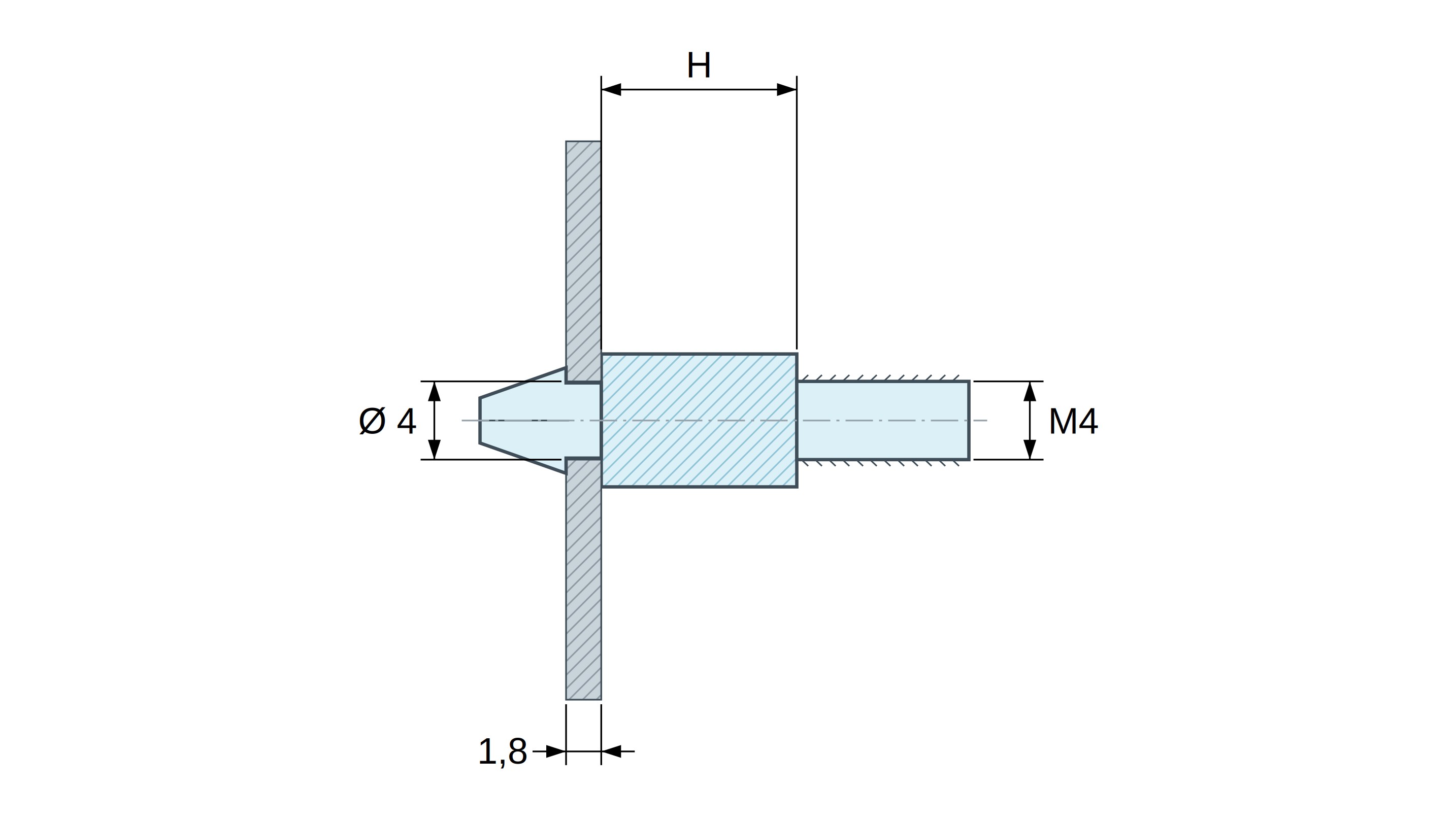 Supporto per circuito stampato a scatto, filettato M4, nylon PA6.6 nero UL94-HB, foro Ø4 mm, circuito 1,8 mm