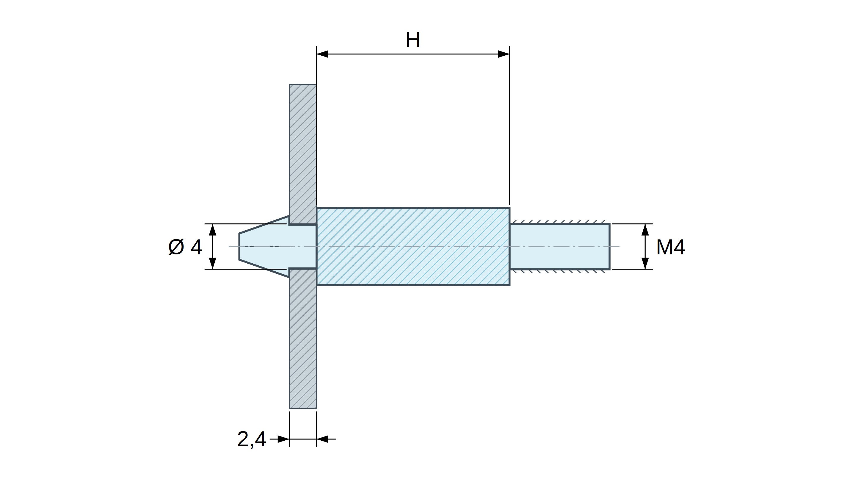 Supporto per circuito stampato a scatto, filettato M4, nylon PA6.6 nero UL94-HB, foro Ø4 mm, circuito 2,4 mm