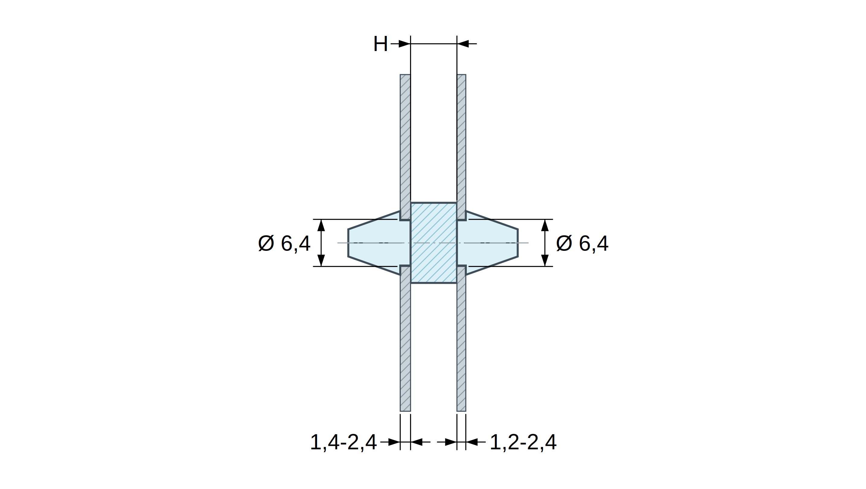 Disegno quotato di Supporto PCB a doppio innesto, Policarbonato PC, nero, UL94-V2, PCB Ø6,4/1,4-2,4 mm / CH Ø6,4/1,2-2,4 mm